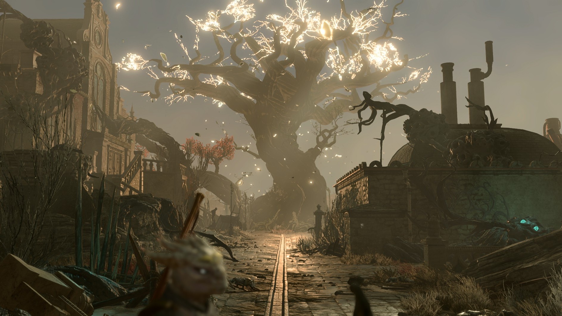 Baldur's Gate 3 in-game screenshot: Village ruins, glowing tree in distance