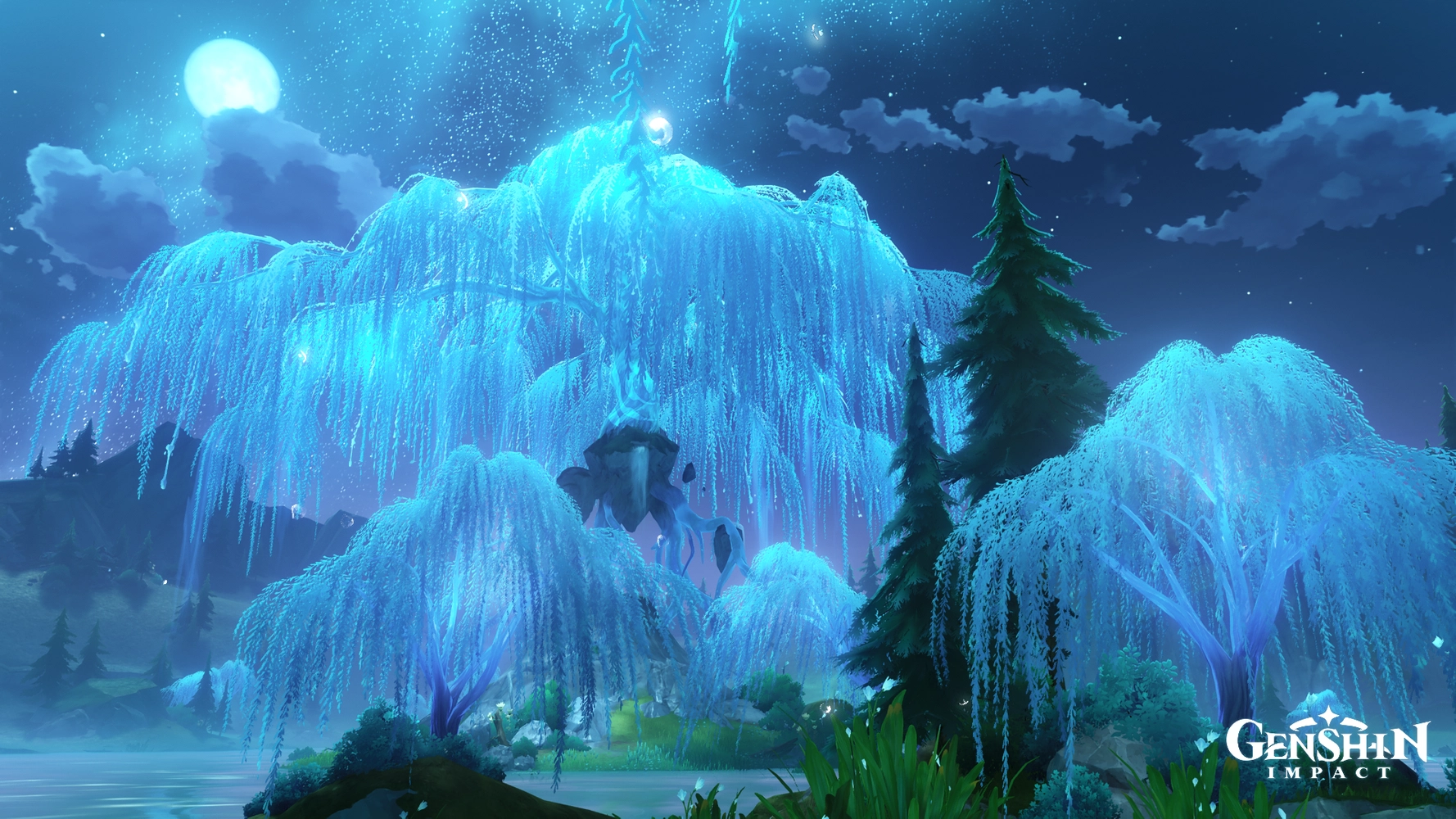 Genshin Impact in-game screenshot: Blue willow trees at night