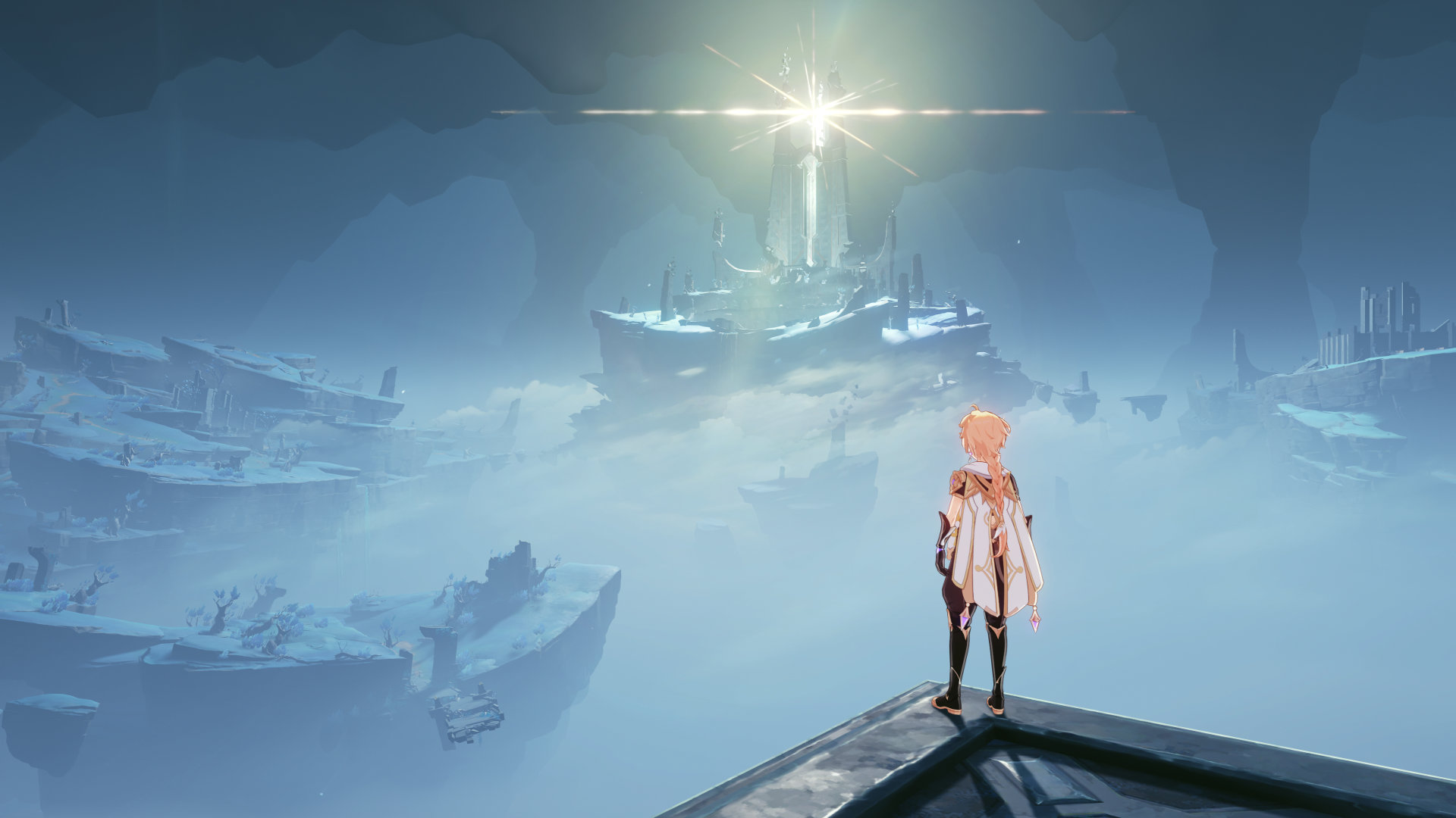 Genshin Impact in-game screenshot: Aether looking at Enkanomiya in distance