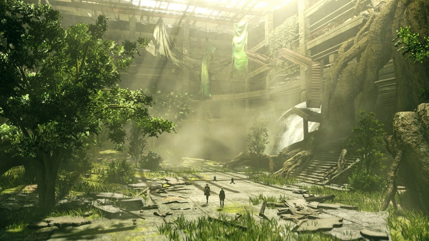Nier Automata in-game screenshot: 2B and 9S in abandoned overgrown mall