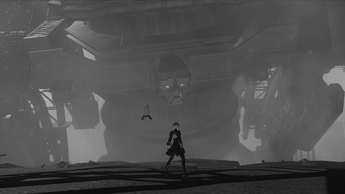 Nier Automata in-game screenshot: 2B facing giant robot
