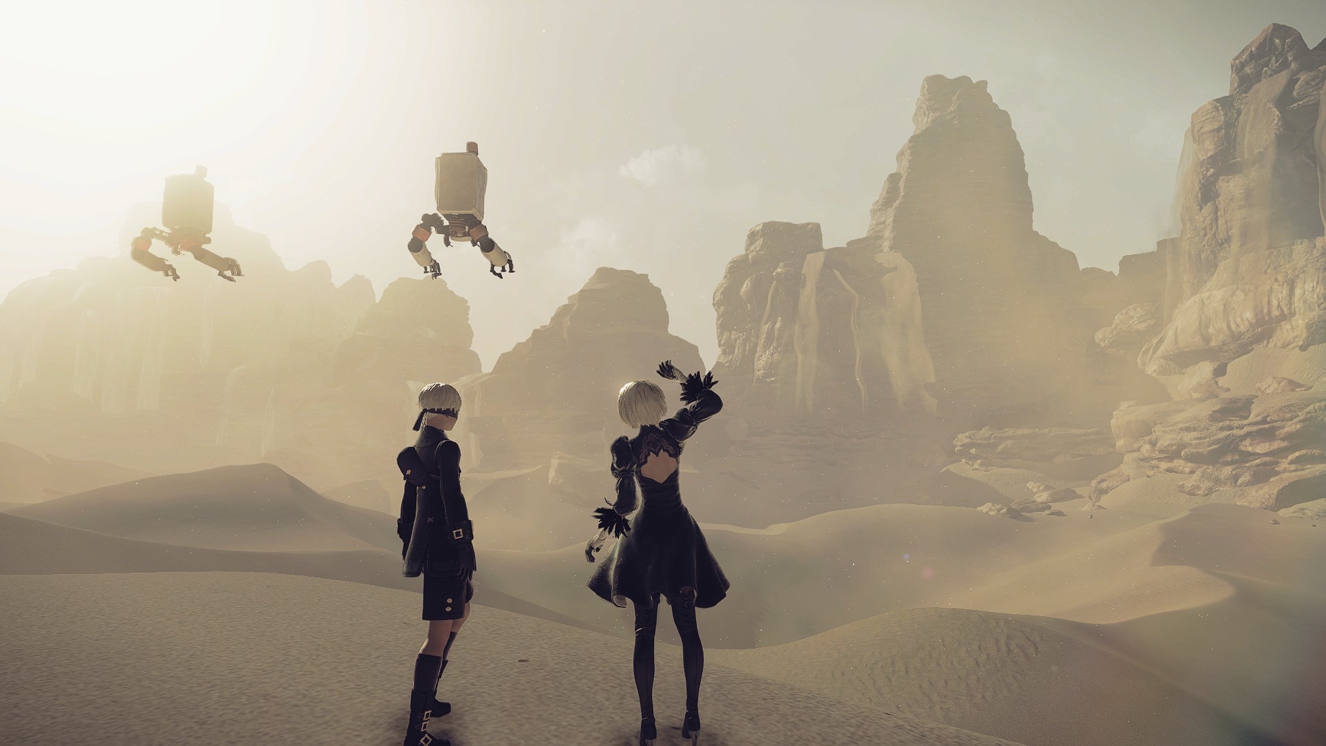 Nier Automata in-game screenshot: 2B and 9S in desert