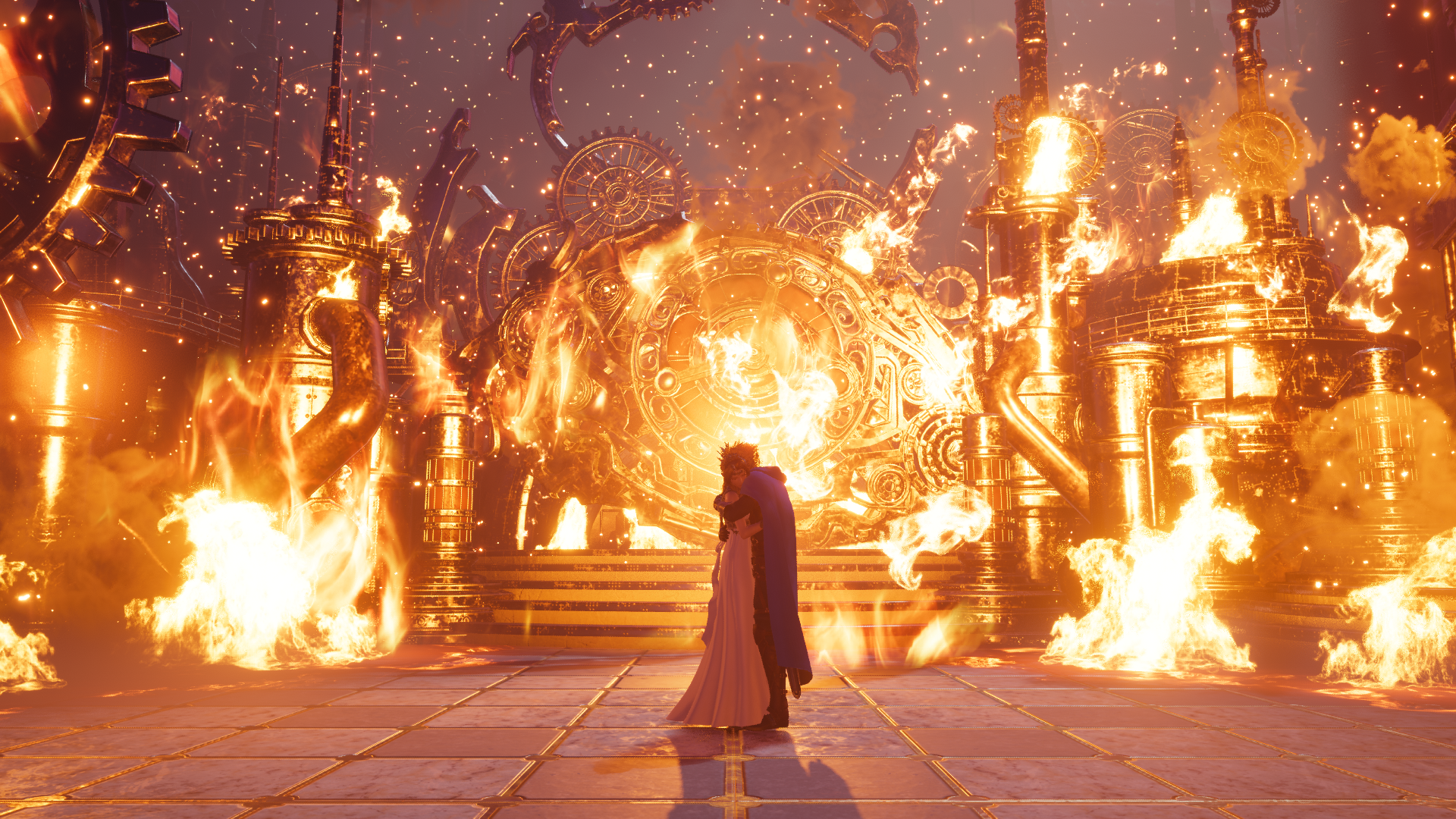 Final Fantasy 7 Rebirth in-game screenshot: Aerith and Cloud hugging, surrounded by flames