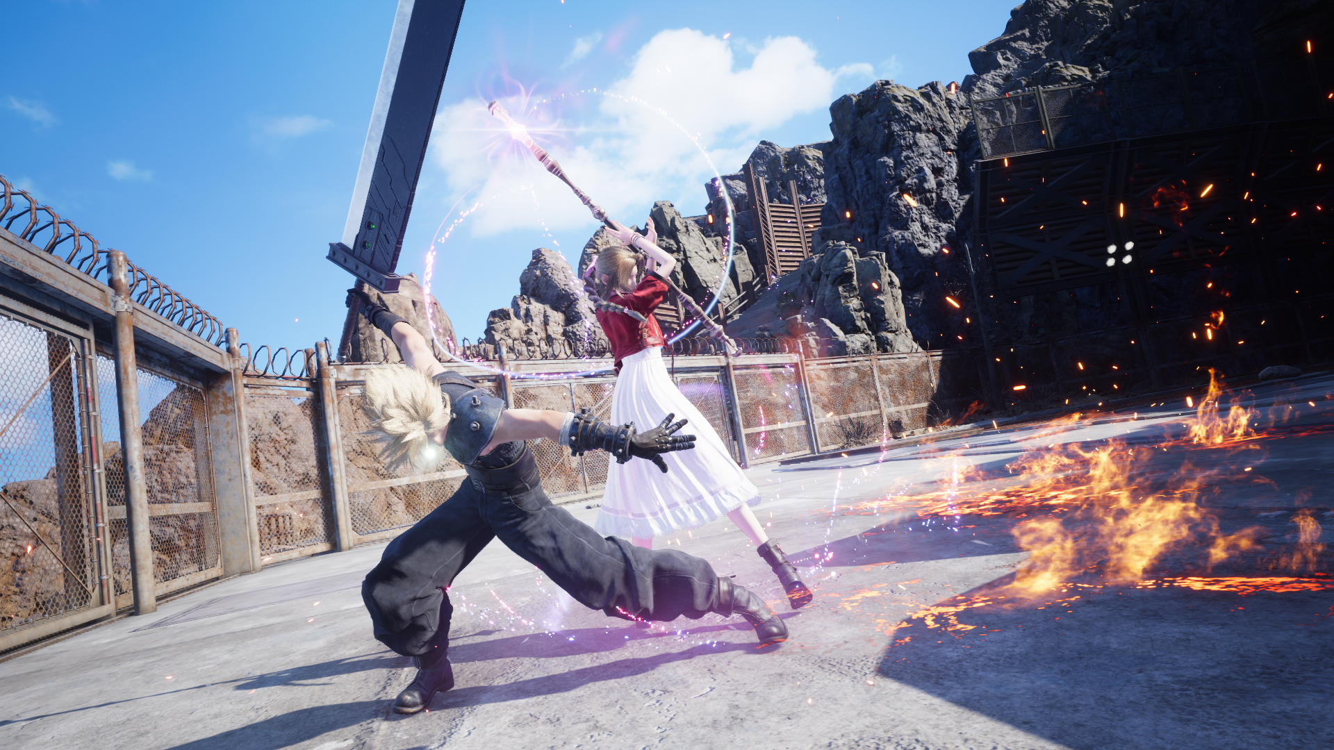 Final Fantasy 7 Rebirth in-game screenshot: Cloud and Aerith mid-battle